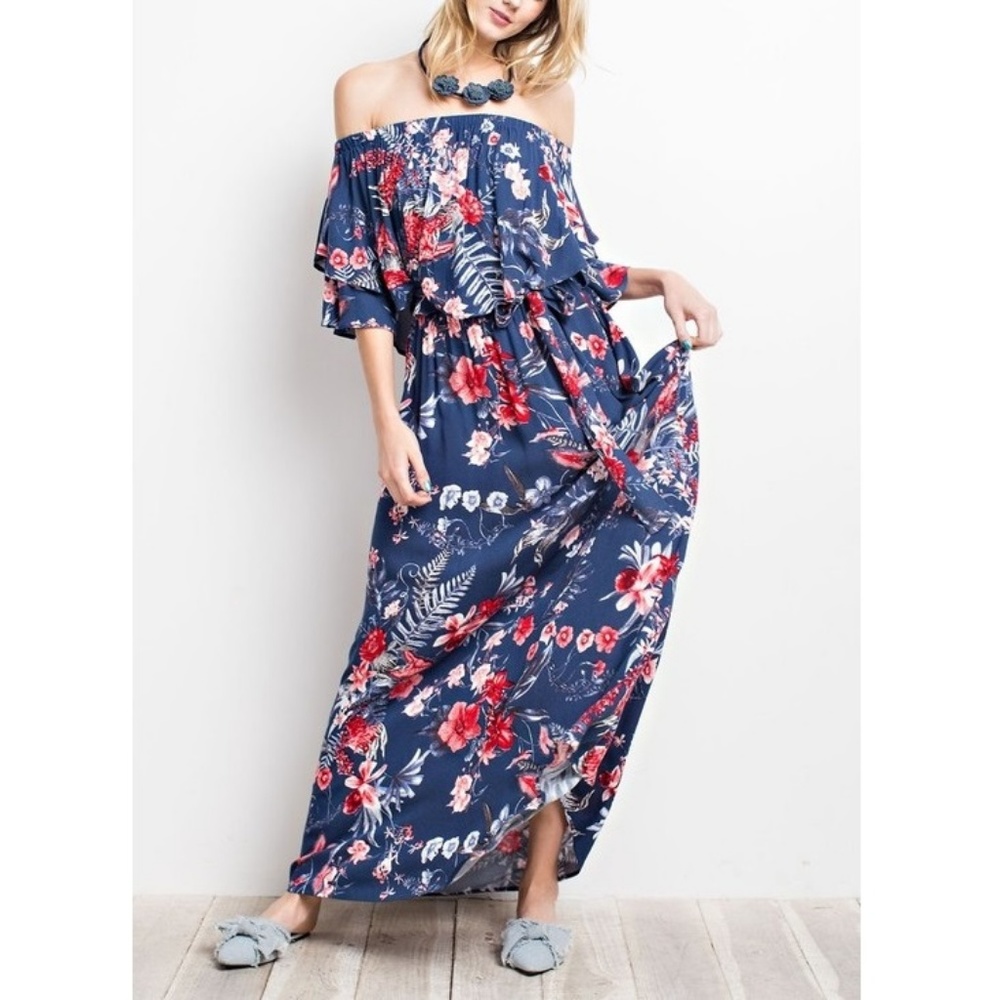 Floral Print Ruffle Off Shoulder Maxi Dress - Picture 2 of 8